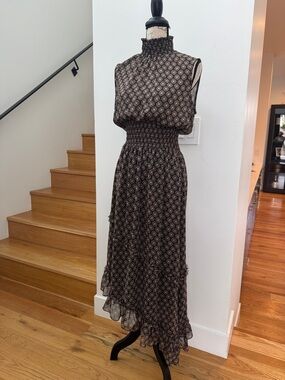 MISA Smocked Waist, High-Neck Printed Maxi Dress - Black
